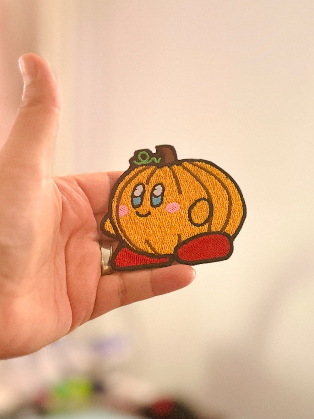Cute Pumpkin Character Embroidered Iron On Patch - Yellow & Red